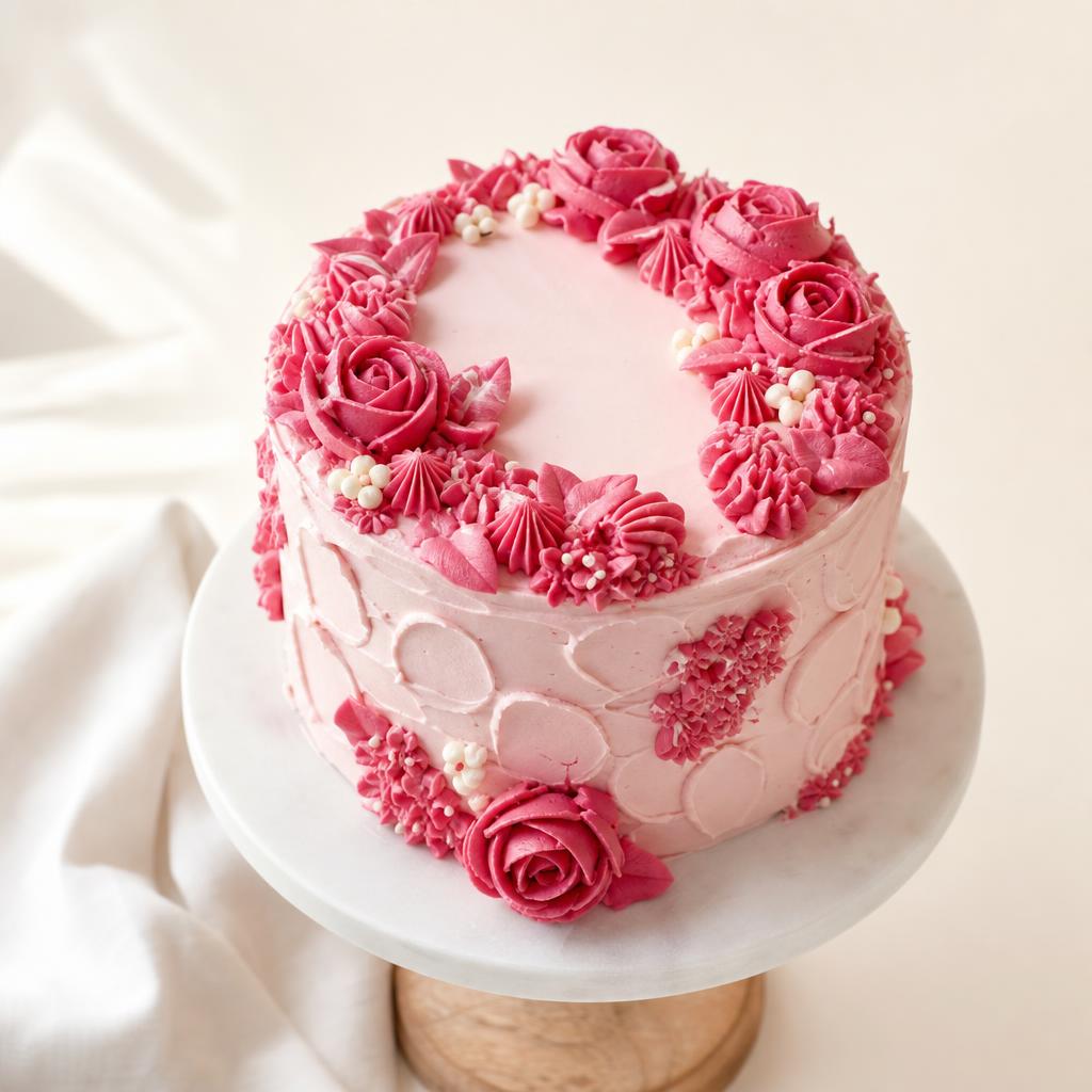 A custom pink buttercream cake with piped florals, styled for a home bakery showcase