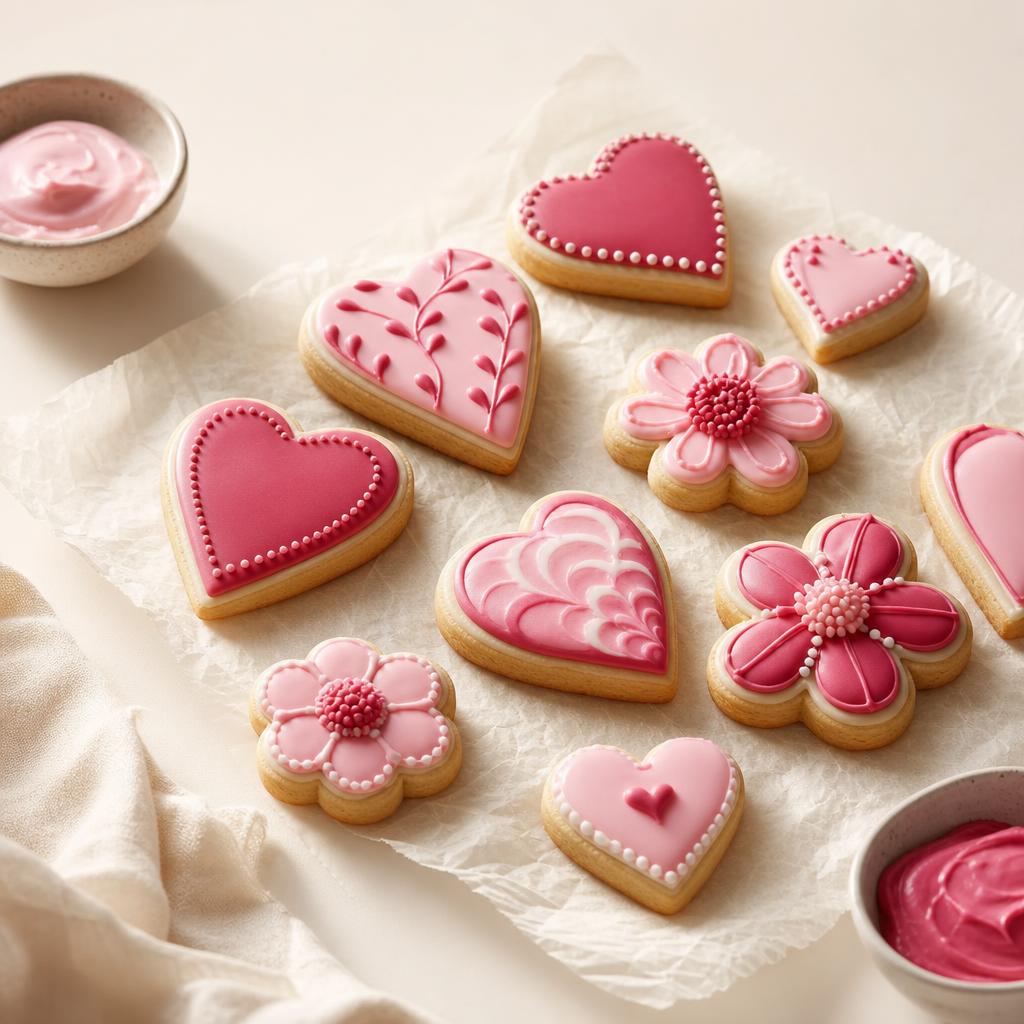 A tray of hand-iced sugar cookies in pastel colors, styled for a home bakery showcase