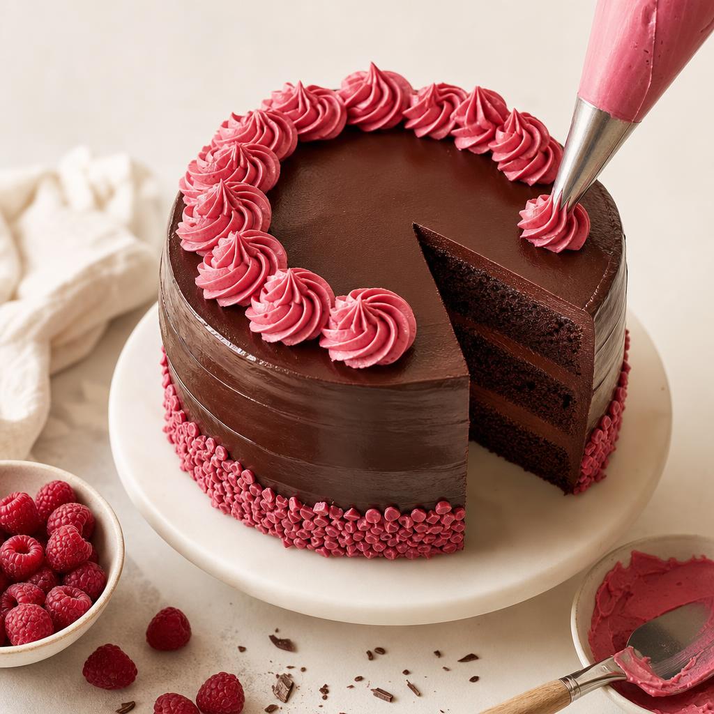 A rich chocolate ganache layer cake being finished with piped frosting, styled for a home bakery showcase